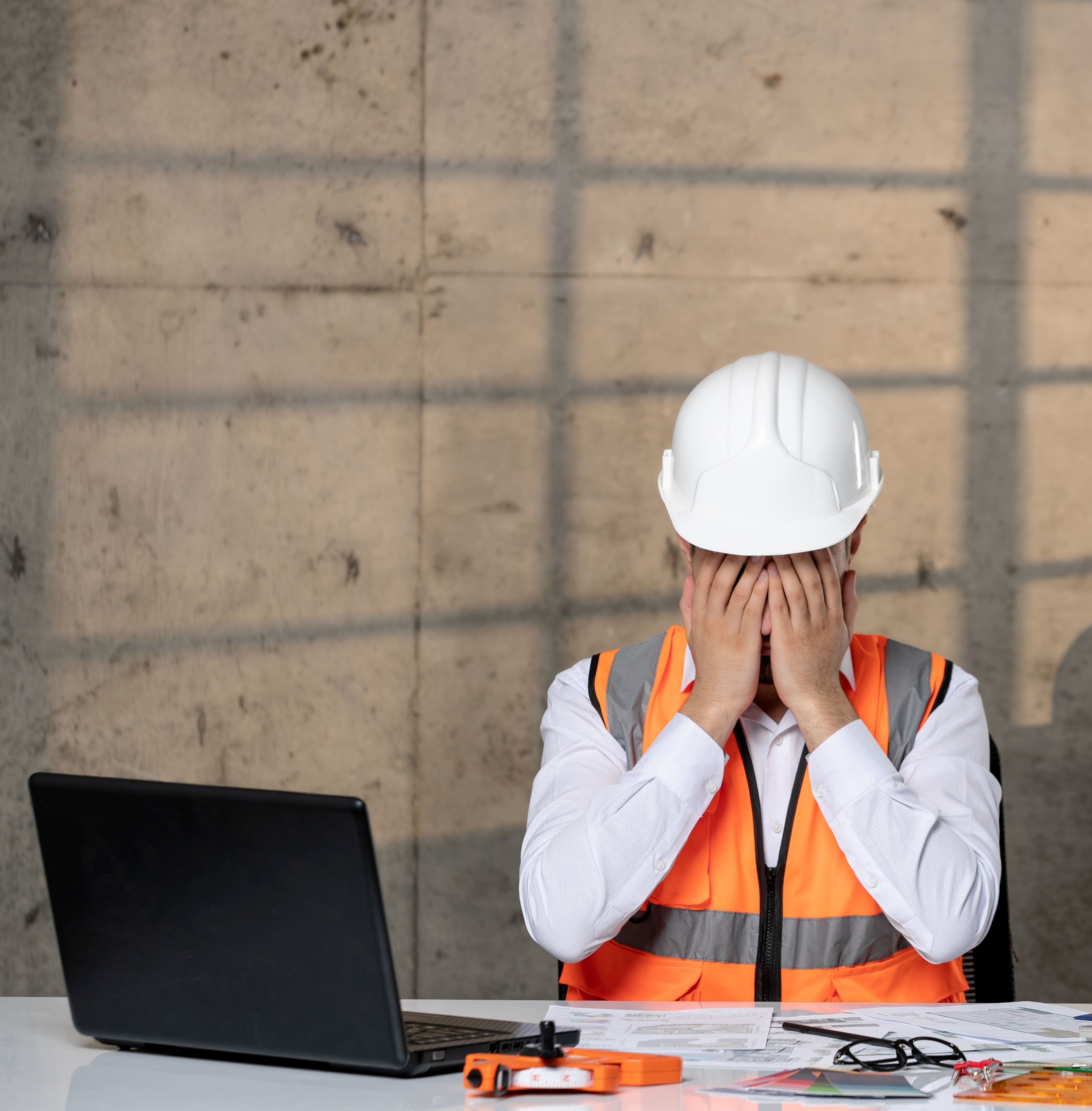 Tired civil worker wearing helmet and safety vest