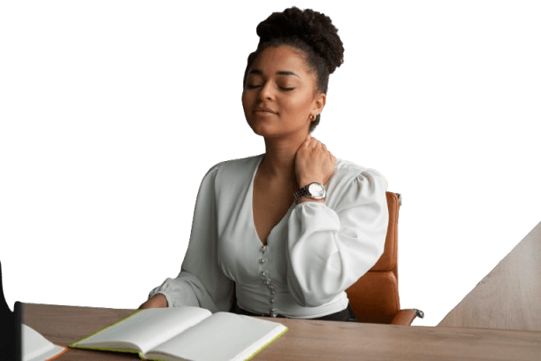 Employee holding her neck in discomfort at her desk