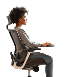 Employee seated in an adjustable ergonomic office chair